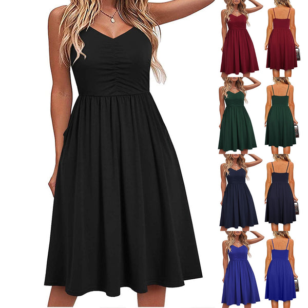 Women Solid Summer Dress Female Seaside Sling Sleeveless V-Neck Midi Dress Ladies High waist plus size black dress vestidos