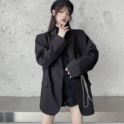 Women Solid White Pocket Boyfriend Style Blazer Lady Long Sleeves Turn Down Collar Korean Blazers All Match Blazers Autumn New