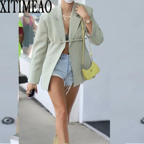 Women Spring Autumn Ins Buttonless Solid Color  Blazers Coat Vintage Long Sleeve Female Hight Srteet Outerwear