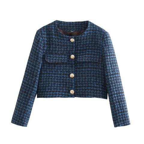 Women Spring Autumn Single Breasted Tweed Check O Neck Suit Blazers Coat Vintage Long Sleeve Female Outerwear