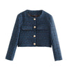 Women Spring Autumn Single Breasted Tweed Check O Neck Suit Blazers Coat Vintage Long Sleeve Female Outerwear