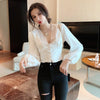Women Spring Autumn V-neck Tops Female Retro Solid Lace Button Sleeve Button Shirts Vintage Office Lady Casual Slim Blouses