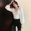 Women Spring Autumn V-neck Tops Female Retro Solid Lace Button Sleeve Button Shirts Vintage Office Lady Casual Slim Blouses
