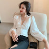 Women Spring Autumn V-neck Tops Female Retro Solid Lace Button Sleeve Button Shirts Vintage Office Lady Casual Slim Blouses