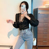 Women Spring Autumn V-neck Tops Female Retro Solid Lace Button Sleeve Button Shirts Vintage Office Lady Casual Slim Blouses