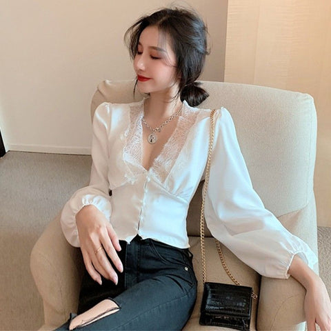 Women Spring Autumn V-neck Tops Female Retro Solid Lace Button Sleeve Button Shirts Vintage Office Lady Casual Slim Blouses