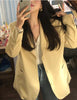 Women Spring Casual Long Blazers Jackets Coat Notched Collar Yellow Chaqueta Mujer Pocket Outerwear Loose Plus Size