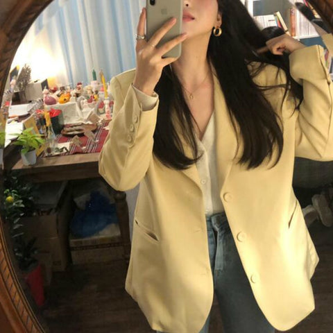 Women Spring Casual Long Blazers Jackets Coat Notched Collar Yellow Chaqueta Mujer Pocket Outerwear Loose Plus Size