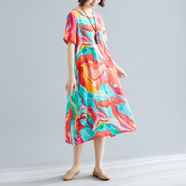 Women Spring Floral Printed Loose Maxi Dress Oversize Elegant short Sleeve Beach Dresses Summer V-neck Long Split Dresses Mujer