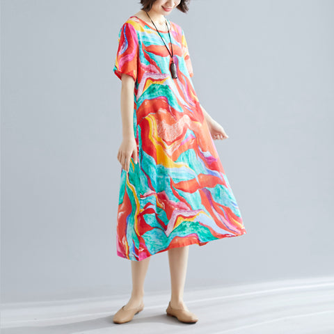 Women Spring Floral Printed Loose Maxi Dress Oversize Elegant short Sleeve Beach Dresses Summer V-neck Long Split Dresses Mujer