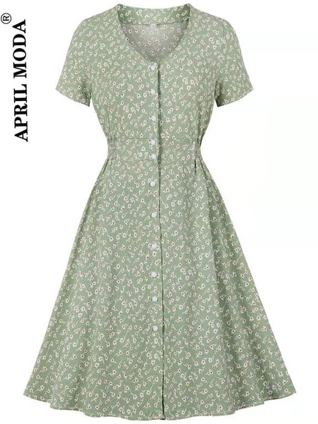 Women Spring Flower Print Tunic Midi Dress Boho 2023 Summer Short Sleeve Office Shirt Dress 50s 60s Female A Line Party Vestidos