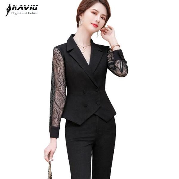 Women Spring Lace Suits Business Temperament Formal Stripes Slim Blazer And Pants Office Ladies Two Piece Work Wear