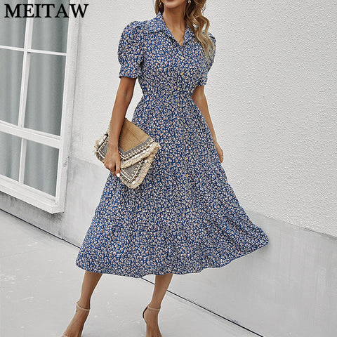 Women Spring Summer Floral Print Dress 2023 Casual Short Sleeve A-Line Midi Dress Vintage Office Button Shirt Dresses