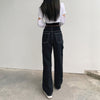 Women Stitching High Waist Loose Straight Trousers Casual All-match Jeans Intage Black Solid High Waist Baggy Street Casual