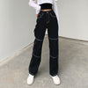 Women Stitching High Waist Loose Straight Trousers Casual All-match Jeans Intage Black Solid High Waist Baggy Street Casual