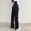 Women Stitching High Waist Loose Straight Trousers Casual All-match Jeans Intage Black Solid High Waist Baggy Street Casual