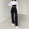 Women Stitching High Waist Loose Straight Trousers Casual All-match Jeans Intage Black Solid High Waist Baggy Street Casual