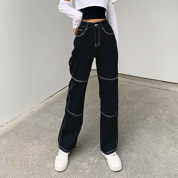 Women Stitching High Waist Loose Straight Trousers Casual All-match Jeans Intage Black Solid High Waist Baggy Street Casual