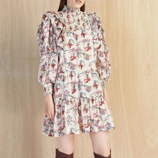 Women Stitching Ruffles Robe Half High Collar Loose Design Long Sleeve Floral Printed Ladies Early Autumn Mini Dress