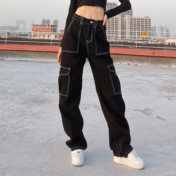 Women Straight Wide Leg Jeans, Trendy Hip Hop Style High Waist Relaxed Fit Denim Pants Pockets Decor Spring Autumn Wear