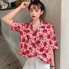 Women Strawberry Print Blouse Turn-down Collar Casual Shirt Short Sleeve Loose Blouse Beach Wear