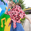 Women Strawberry Print Blouse Turn-down Collar Casual Shirt Short Sleeve Loose Blouse Beach Wear