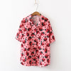 Women Strawberry Print Blouse Turn-down Collar Casual Shirt Short Sleeve Loose Blouse Beach Wear