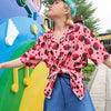 Women Strawberry Print Blouse Turn-down Collar Casual Shirt Short Sleeve Loose Blouse Beach Wear