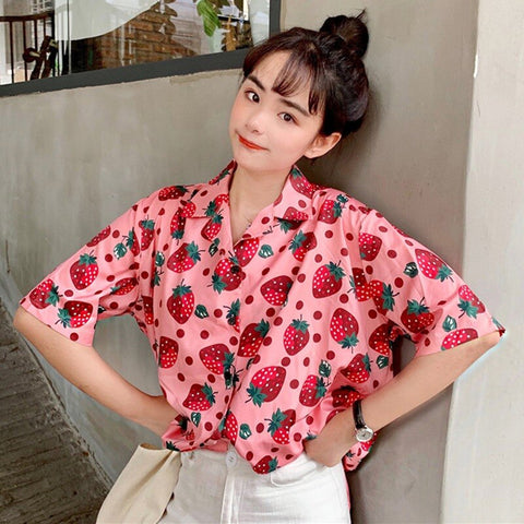 Women Strawberry Print Blouse Turn-down Collar Casual Shirt Short Sleeve Loose Blouse Beach Wear