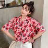 Women Strawberry Print Blouse Turn-down Collar Casual Shirt Short Sleeve Loose Blouse Beach Wear