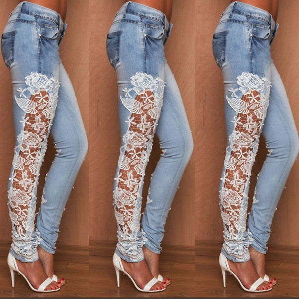 Women Stretch Denim Trousers Lace Floral Side Spliced Hollow Out Slim Pencil Pants Women Jeans Femme Pantalo Джинсы