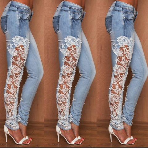 Women Stretch Denim Trousers Lace Floral Side Spliced Hollow Out Slim Pencil Pants Women Jeans Femme Pantalo Джинсы