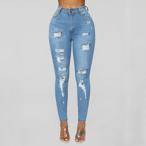 Women Stretch Ripped Jeans Solid Color Hole High Waist Pants Slim Pencil Long Straight Denim Pants Streetwear