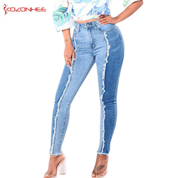 Women Stretch White tassels Jeans With High Waist Elasticity Plus Size Pencils Splice Denim Pants Casual Jeans For Girls