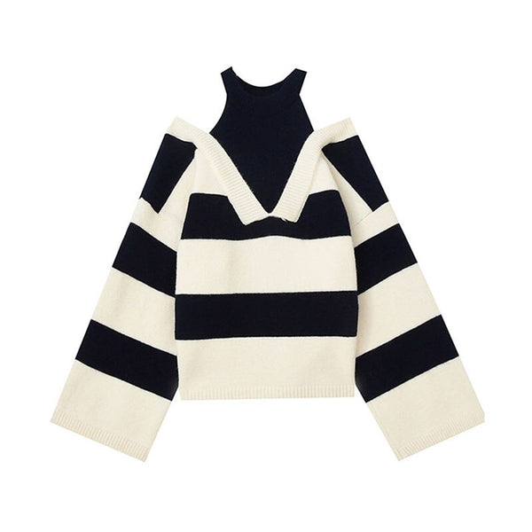 Women Striped Fake Two Pieces Sweaters Off Shoulder Slash neck Pullovers Womens Office Autumn Winter Chic Knitwear Tops