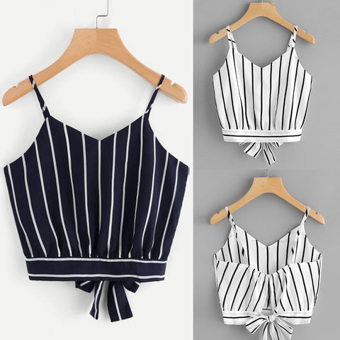 Women Striped Self Tie Back Crop Top V Neck Sexy Camis Sleeveless Tank Top Summer Tops Girls Spaghetti Strap Camisole Streetwear