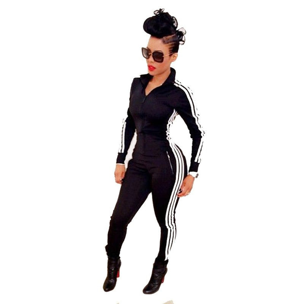 Women Striped Side Zipper Long Jumpsuit Casual Long Sleeve Outfits One Piece Bodycon Rompers 4 Colors Ladies Plus Size Overalls
