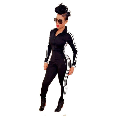 Women Striped Side Zipper Long Jumpsuit Casual Long Sleeve Outfits One Piece Bodycon Rompers 4 Colors Ladies Plus Size Overalls