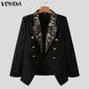 Women Suit Blazers VONDA Autumn Long Sleeve Pleated Coats Veste Lady Vintage Printed Double Breasted Lapel Collar Winter Blazer