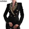Women Suit Blazers VONDA Autumn Long Sleeve Pleated Coats Veste Lady Vintage Printed Double Breasted Lapel Collar Winter Blazer