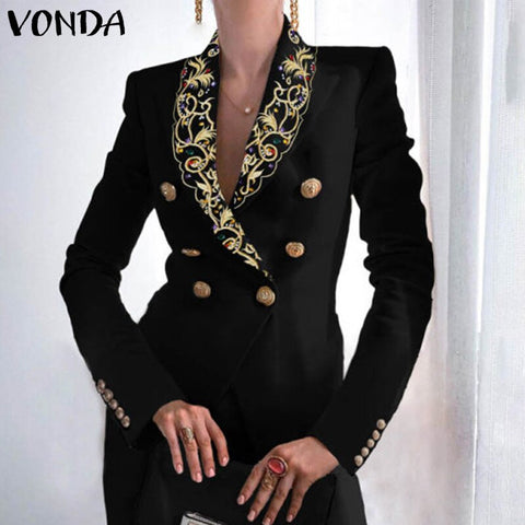 Women Suit Blazers VONDA Autumn Long Sleeve Pleated Coats Veste Lady Vintage Printed Double Breasted Lapel Collar Winter Blazer