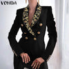 Women Suit Blazers VONDA Autumn Long Sleeve Pleated Coats Veste Lady Vintage Printed Double Breasted Lapel Collar Winter Blazer
