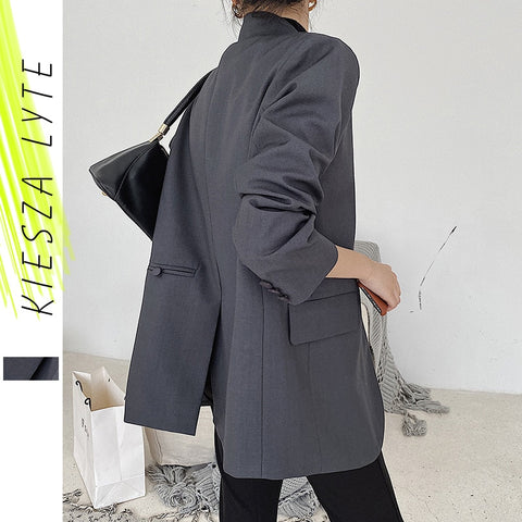 Women Suit Jacket Vintage Korean Style Loose Lapel Oversized Ladies Gray Blazer Coats Female 2022 Autumn Outwear