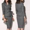 Women Suit Office Work Wear Noble grey Set Ladies Solid Turn Down Collar Button Long Sleeve Zipper Skirt Suit