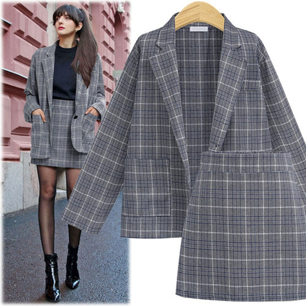 Women Suit Sets Autumn Elegant Office Plaid Long Sleeves Single-Breasted Pocket Suit Jacket + Skirt Suits Formal Skirt Set