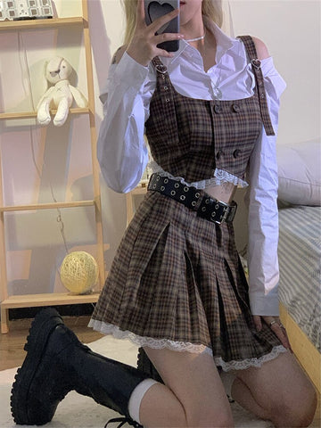 Women Suit Tank + Skirt 2 Pieces Crop Top Plaid Elegant Chic Women Clothes Sexy Office Lady Spring Autumn Female Suits Outerwear