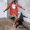 Women Suits Blazer Za 2022 Vintage Red Plaid Print Two Pieces Sets Office Lady Double Breasted Blazer Female Mini Pants Skirt