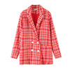 Women Suits Blazer Za 2022 Vintage Red Plaid Print Two Pieces Sets Office Lady Double Breasted Blazer Female Mini Pants Skirt