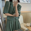 Women Suits Notched Top Pleated Skirts Set Solid Elegant Ofice Ladies Summer Short Sleeve Preppy Style Chic Simple Stylish Retro