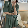 Women Suits Notched Top Pleated Skirts Set Solid Elegant Ofice Ladies Summer Short Sleeve Preppy Style Chic Simple Stylish Retro